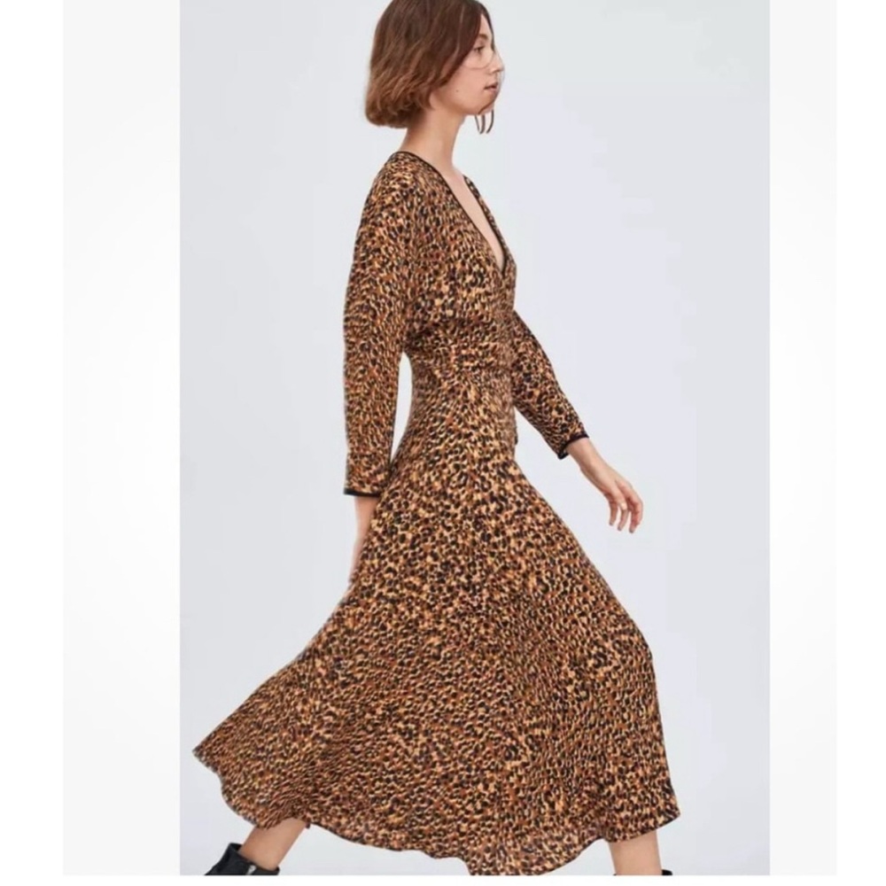 Zara Brown Leopard Long Sleeve Dress ties on the side S - Picture 12 of 12